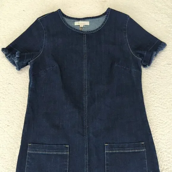 Turo Vince Camuto Short Sleeve Denim Dress Sz 6 Stretch Crewneck Utility Pockets - Picture 3 of 8